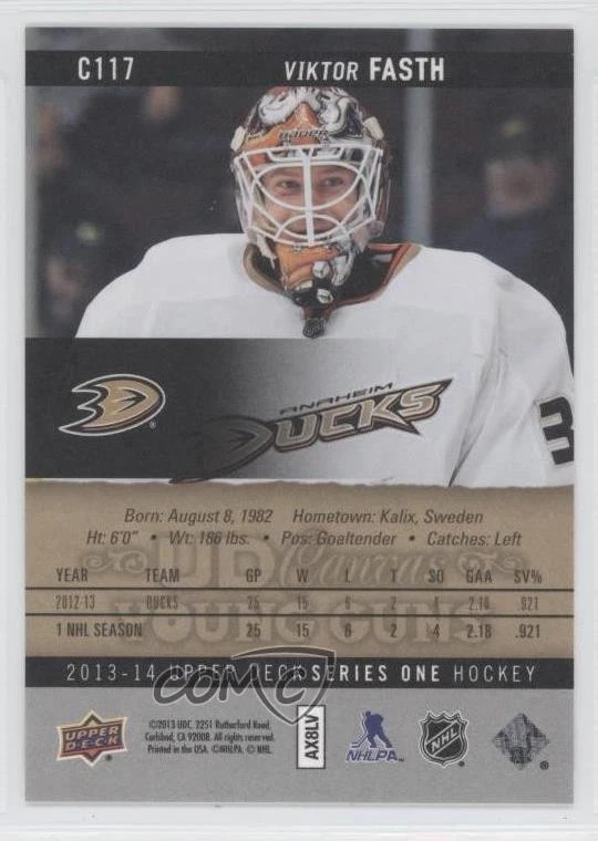 2013-14 Upper Deck UD Canvas Young Guns Viktor Fasth #C117 Rookie RC - Image 2 of 2