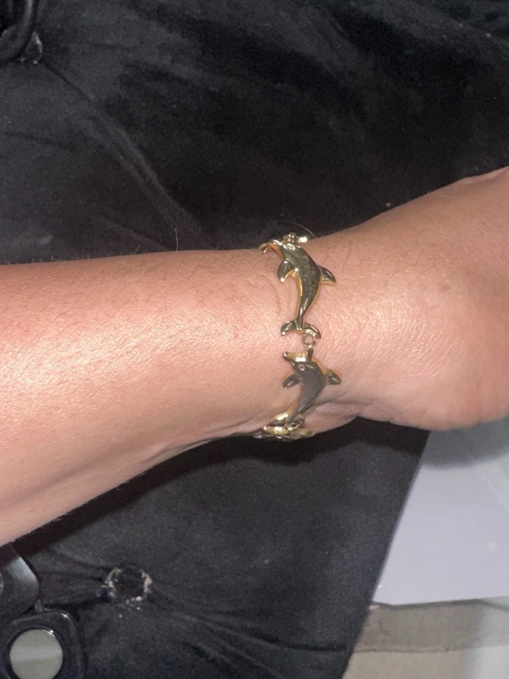 Brazalete de delfines de oro amarillo sólido de 14 quilates 7,5 pulgadas 10,5 gramos firmado JS Foto 3 de 4