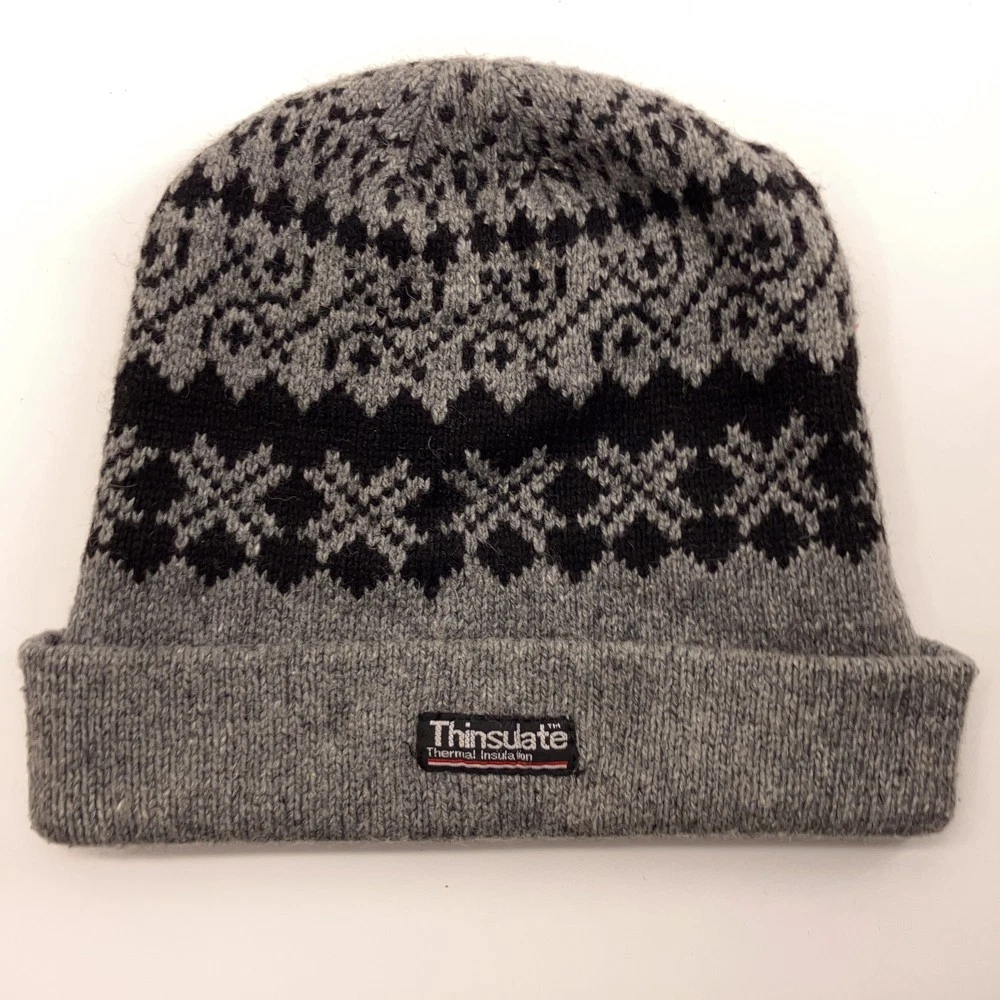 Boxy Gray Wool Blend Winter Cap Black Geometric Pattern