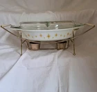 Vtg Pyrex Constellation Atomic Starburst Divided Dish Lid & Candle Warming Stand