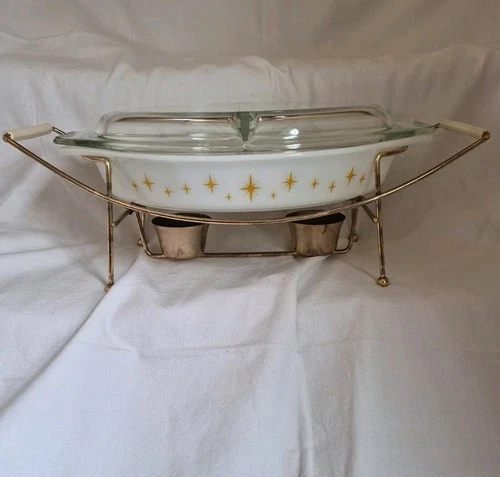 Vtg Pyrex Constellation Atomic Starburst Divided Dish Lid & Candle Warming Stand