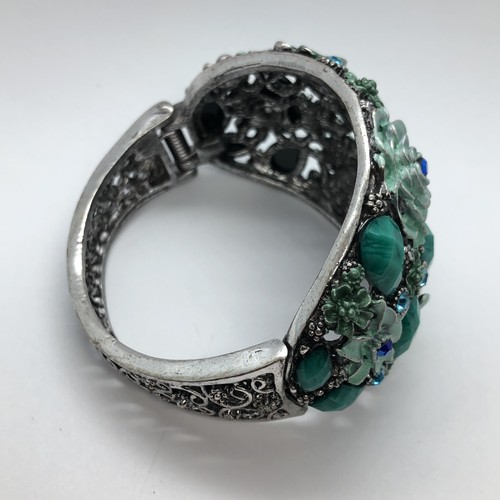 Vtg Joan Rivers Floral Statement Bracelet Flower Silver Tone Hinged Cuff Bangle - Picture 2 of 11