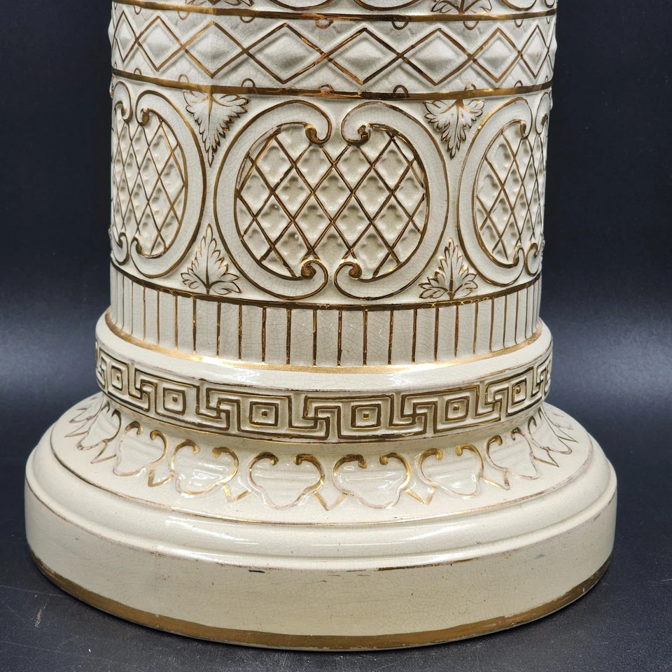 Pedestal Column Plant Stand 18" White with Gold Trim Greek Style Ceramic Vintage - Image 4 of 4