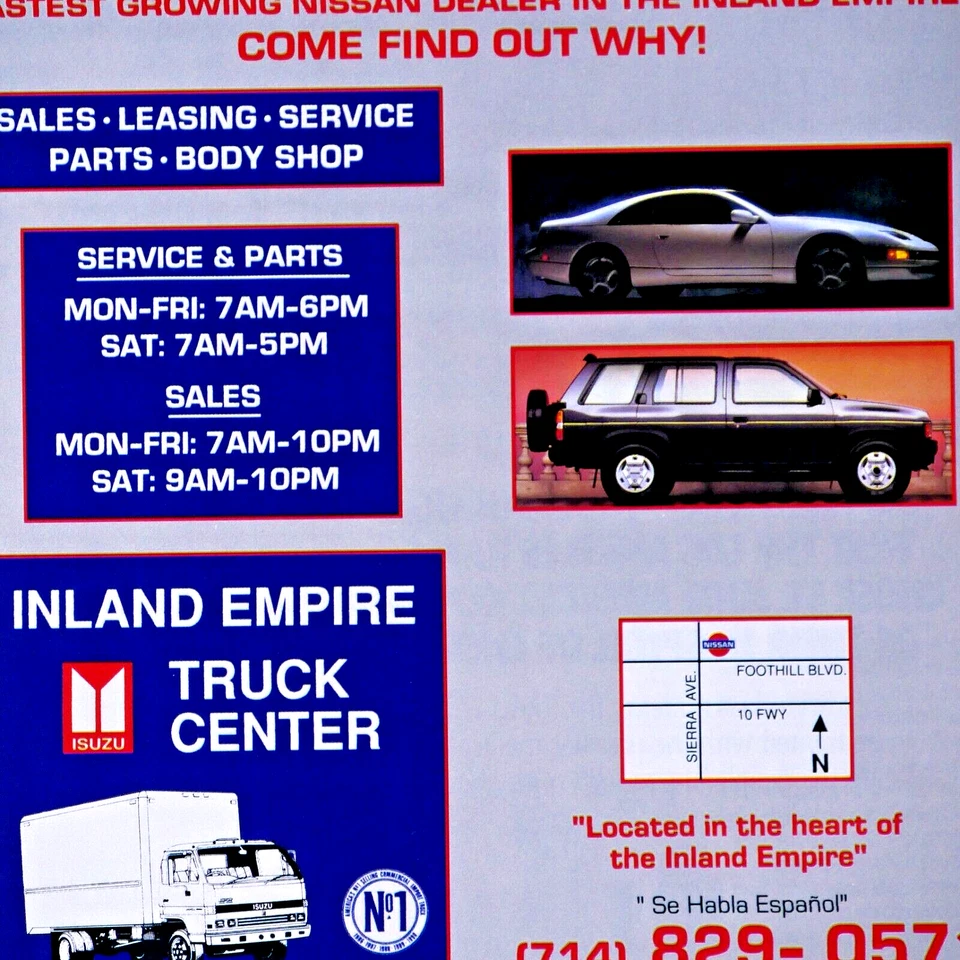 Anuncio impreso original Fontana Nissan California Regional Vintage 1991 8,5 x 11" Foto 2 de 4