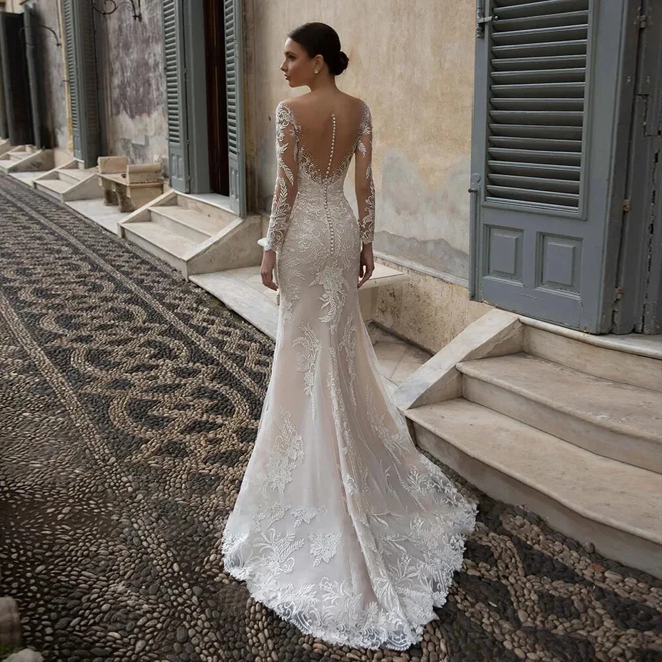 Elegant Mermaid Wedding Dresses V-Neck Long Sleeved Lace Appliques Bridal Gowns - Image 3 of 4