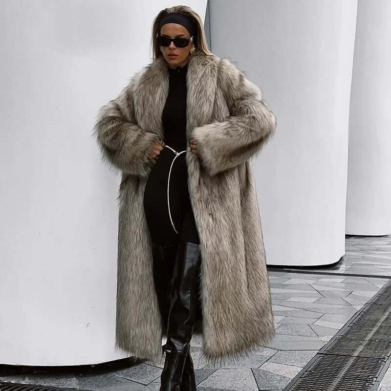 Winter Faux Fox Fur Coat Trendy Long Loose Jacket Wool