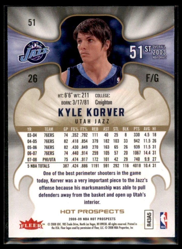 Fleer Hot Prospects Kyle Korver Utah Jazz #51 2008-09 Foto 2 de 2