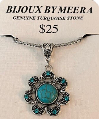Bijoux By Meera Necklace Genuine Turquoise Stone Charm & Silver Flower 18'' NEW