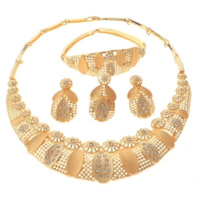Gold Tone Gold Plated Metal Necklace Bracelet Earring Set HQX486-GLD