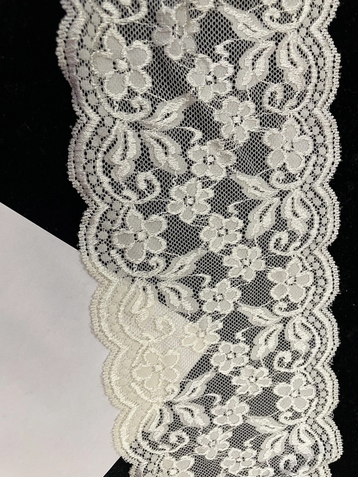 4 yards Ivory Stretch Floral Double Scalloped Lace Trim 6” - Image 3 of 3