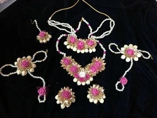 Artificial flower jewelry set with Mogra/ jasmine Pink Rose and Faux Pearls