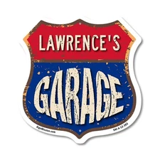Lawrence's Garage Shield Shaped Sign Weather Resistant Crafted in the USA