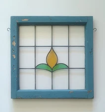 Leaded Stained Glass with Blue Window Frame & Hanging Hooks Shabby Boho Cottage