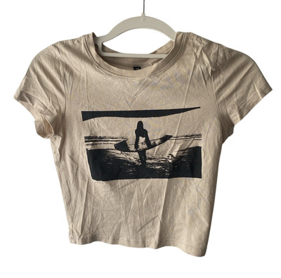 H&M Divided Crop Top Damen XS Beige Surfer Print Kurzarm T-Shirt #D01