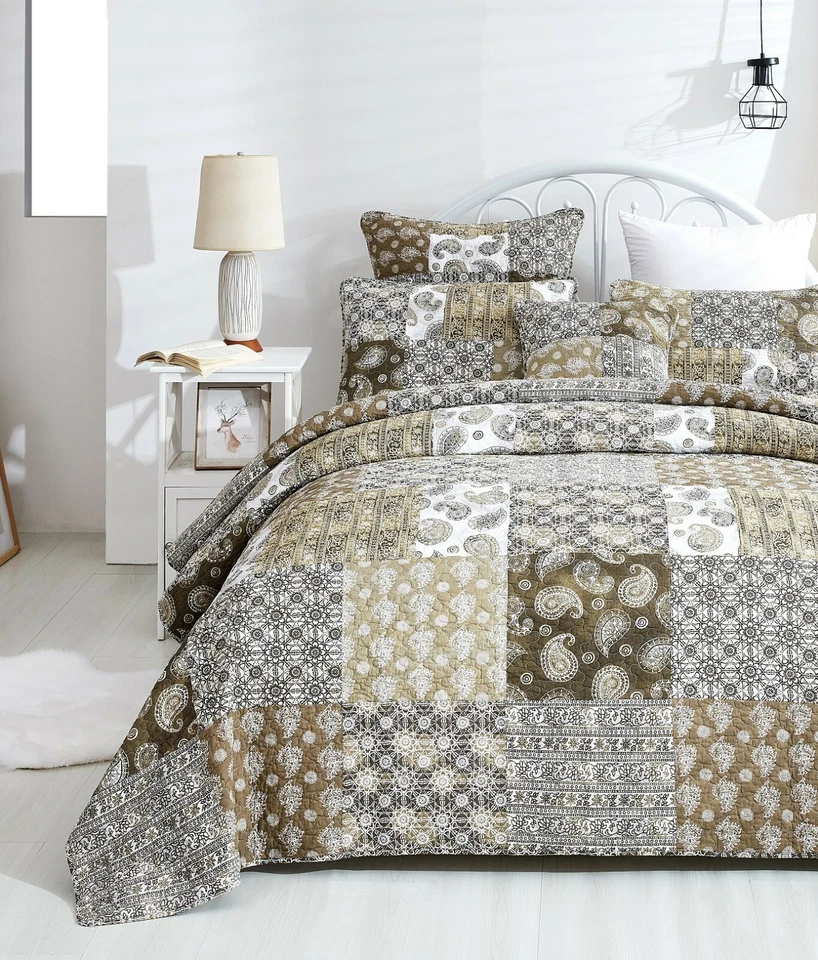 DaDa Bedding Bohemian Patchwork Paisley Floral Olive Green Brown Bedspread Set - Image 4 of 4