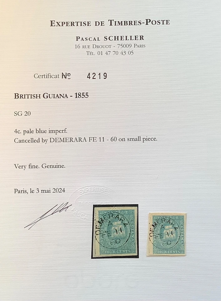 Guayana Británica 1853 4c azul pálido SG20 XF GEMA CON DEFECTO DE PLACA Y CERTIFICADO CAT. 700,00 £ Foto 2 de 4