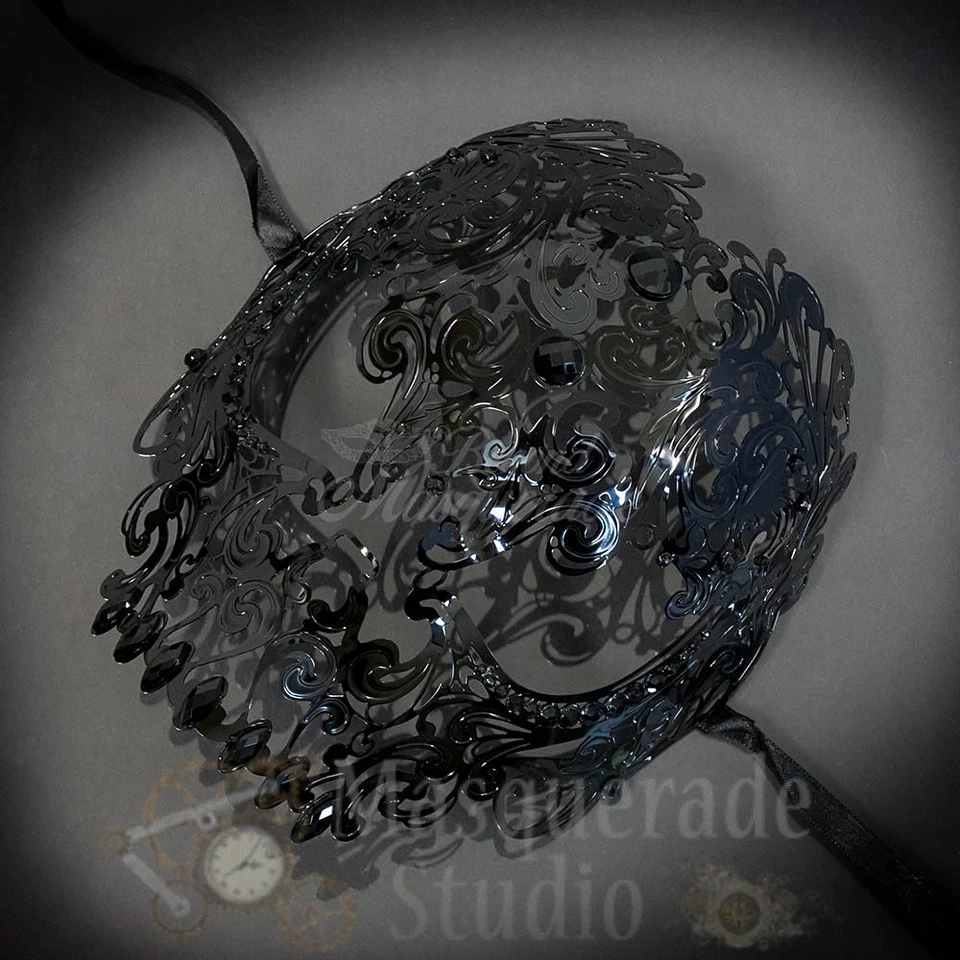 Womens Full Skull Phantom Filigree Metal Masquerade Mask [Black Rhinestones] - Image 3 of 4