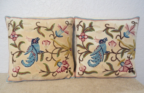 Two 12" Square Vintage India Hand Crewel Embroidered Throw Pillows Birds Floral