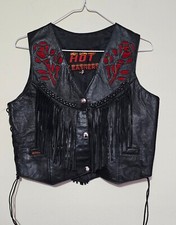 Hot Leather Rose Cut Out Fringe Motorcycle Biker Western Black Leather Vest M