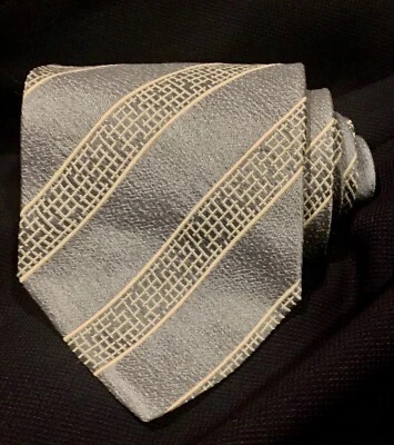 Vtg GIORGIO ARMANI Silk Tie 4” Wide Silver w/Gold Ribbon Stripes Italy Exlt Cond - Image 1 of 4