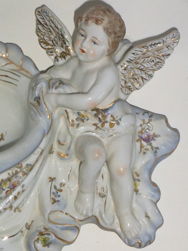 11B37 Antico Grande Acquasantiera Soprammobile Putti Ange IN Porcellana Tedesca - Picture 4 of 11
