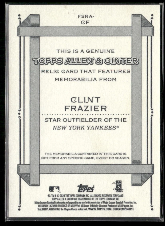 2020 Topps Allen & Ginter Clint Frazier Full-Size Relics #FSRA-CF Yankees - Image 2 of 2
