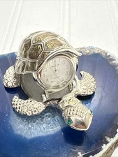 VINTAGE ELGIN SEA TURTLE WATCH Silvertone ENAMAL Pocket/desk/necklace*