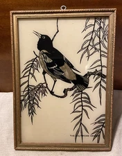 Vintage 8x11” Reverse Painted Silhouette Baltimore Oriole Wall Decor W/Frame