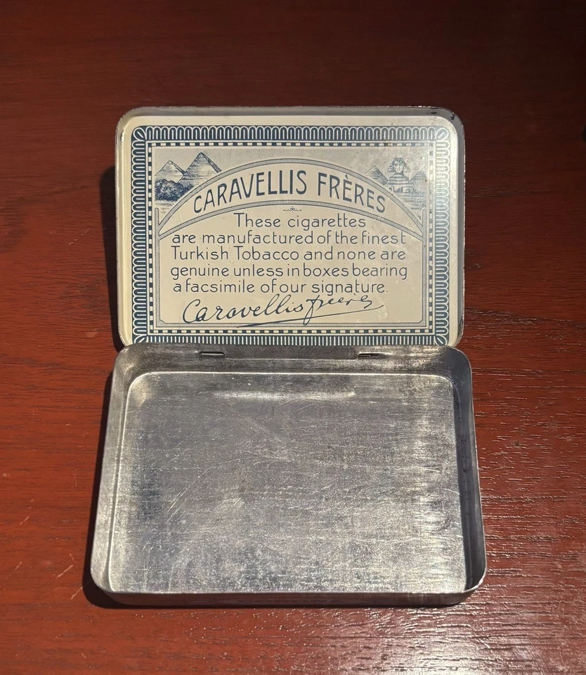 Caja de lata de cigarrillos egipcios Caravellis Frères Egiptomania Art Deco Foto 2 de 3