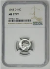 1953-D Silver Roosevelt Dime Low Pop, -Big Grade NGC MS-67 FT
