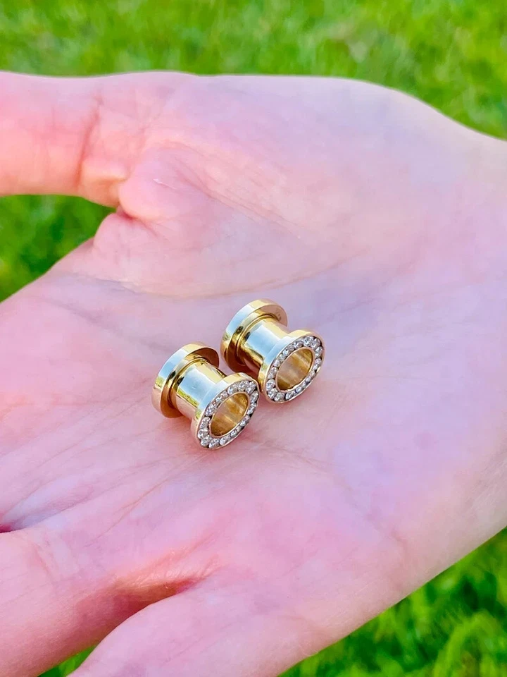 Ear Gauges 14k Solid Gold Ear Plugs Double Flare Screw Fit Flesh Tunnels Diamond - Image 3 of 4