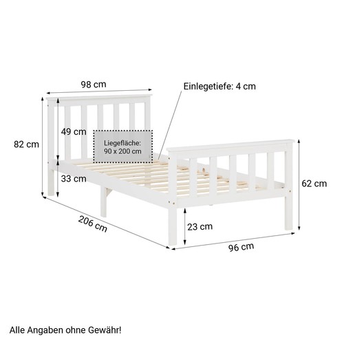 Holzbett 90x200 Kiefer massiv weiß mit Lattenrost Kinder- Jugendbett Homestyle4u - Bild 3 von 12