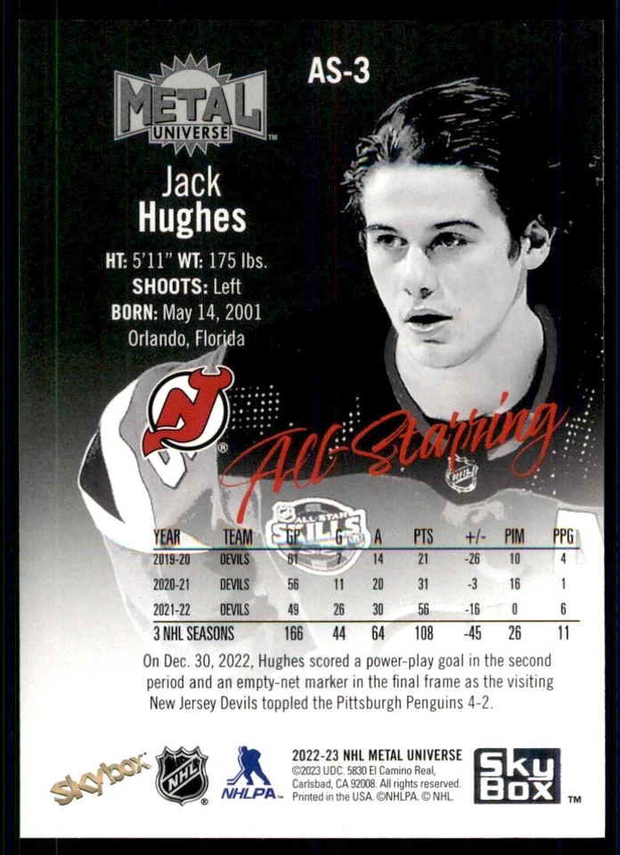 2022-23 SKYBOX METAL UNIVERSE ALL-STARRING JACK HUGHES NEW JERSEY DEVILS #AS-3 - Image 2 of 2