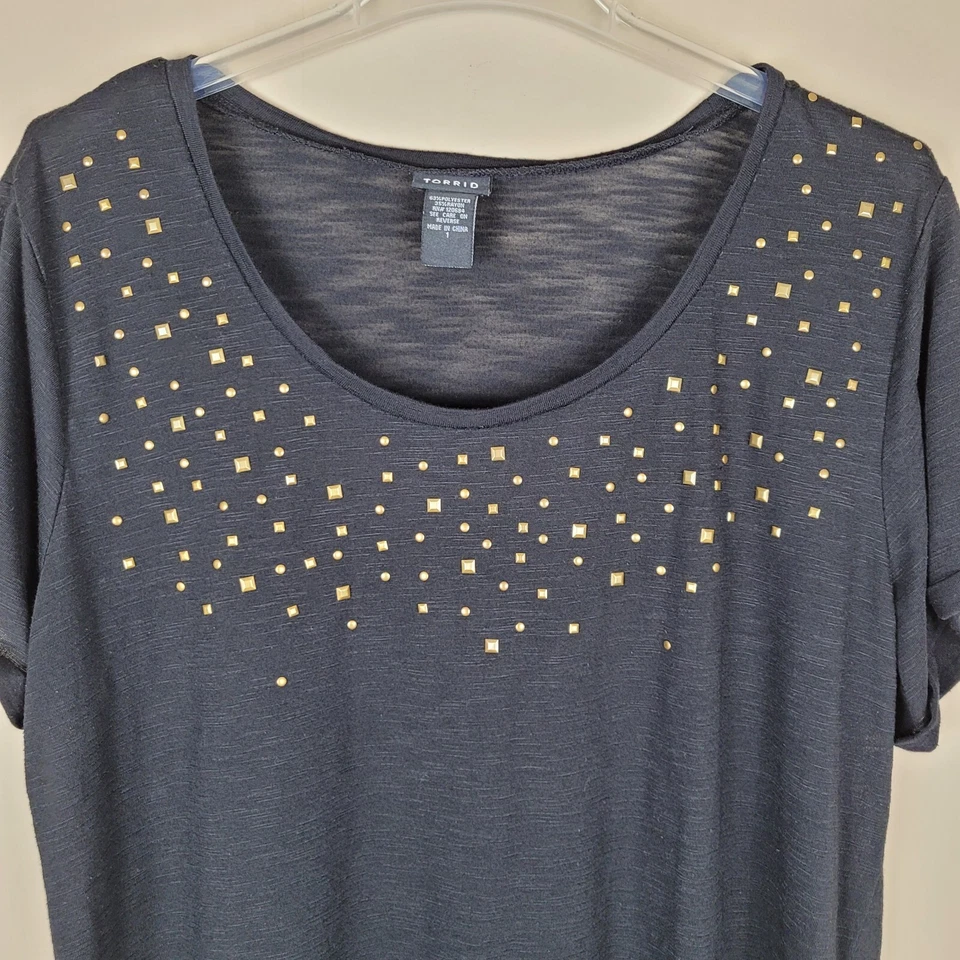 Torrid Size 1X Studded Short Sleeve Top Stretch Black Gold - Image 3 of 4