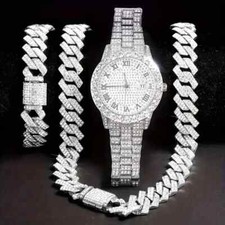 Men Luxury Watch Iced Cuban Chain Necklace Hip Hop Bracelet Fashion Gift set