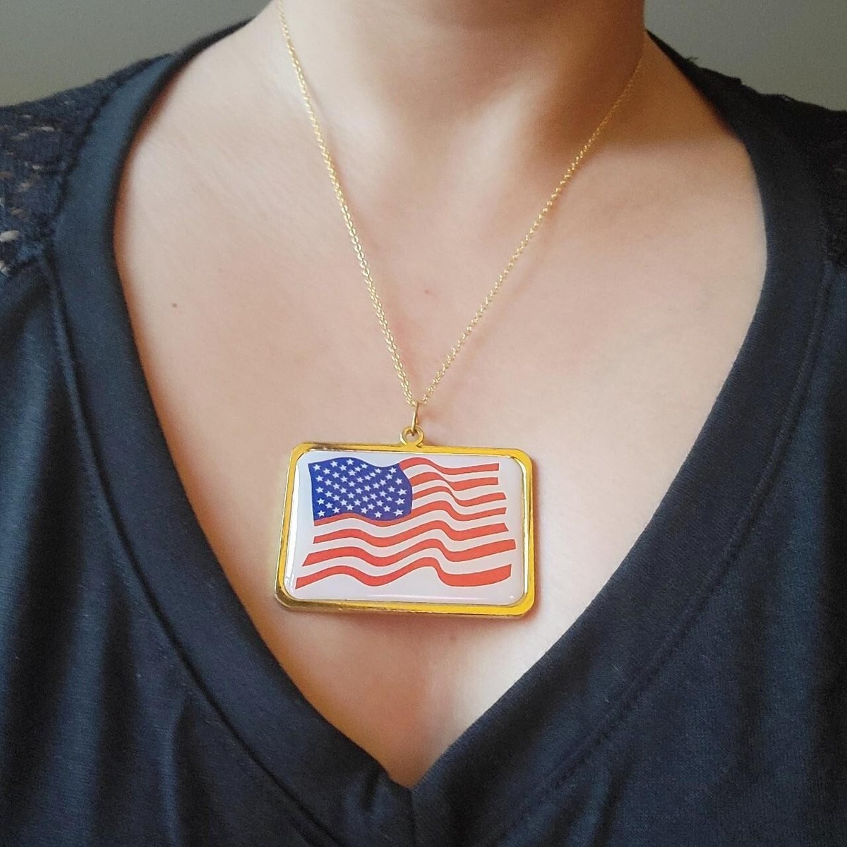 Vintage Gold American Flag VFW National Home for Children Necklace