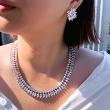 Silver Plated Zircon Leaf Wide Tennis Necklace and Earrings Wedding Jewelry Set