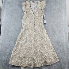 Tommy Hilfiger Midi Dress Size 10 Beige Linen Floral Flutter Sleeve Cottage Boho