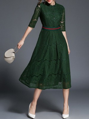 Elegante raffinato vestito abito lungo verde pizzo manica lunga slim 3889 |  eBay