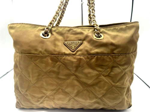 PRADA Shoulder Bag Gold Chain Nylon Beige Authentic