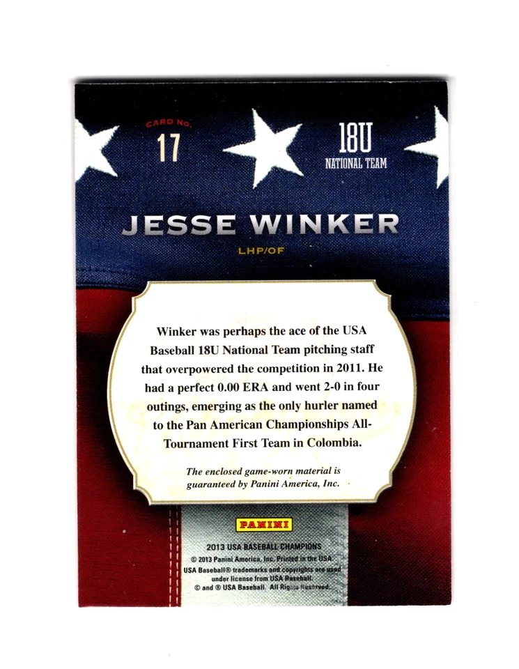 2013 Panini USA Baseball Champions Game Gear Jerseys Jesse Winker #17 - Image 2 of 2