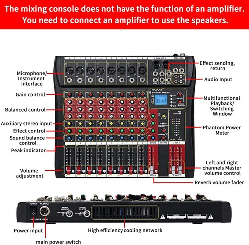 8 Kanal Bluetooth Live Studio Audio Mixer Power Mixing Console Platine mit USB OP - Bild 5 von 9
