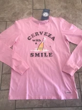 Life Is Good Woman Small Long Sleeve Crusher-LITE Tee Cerveza with a Smile Pink