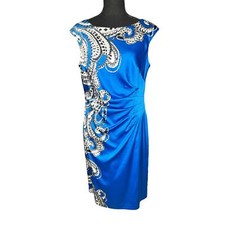 Lauren Ralph Lauren Sheath Dress Size 12 Blue Ruched Paisley Sleeveless Cocktail