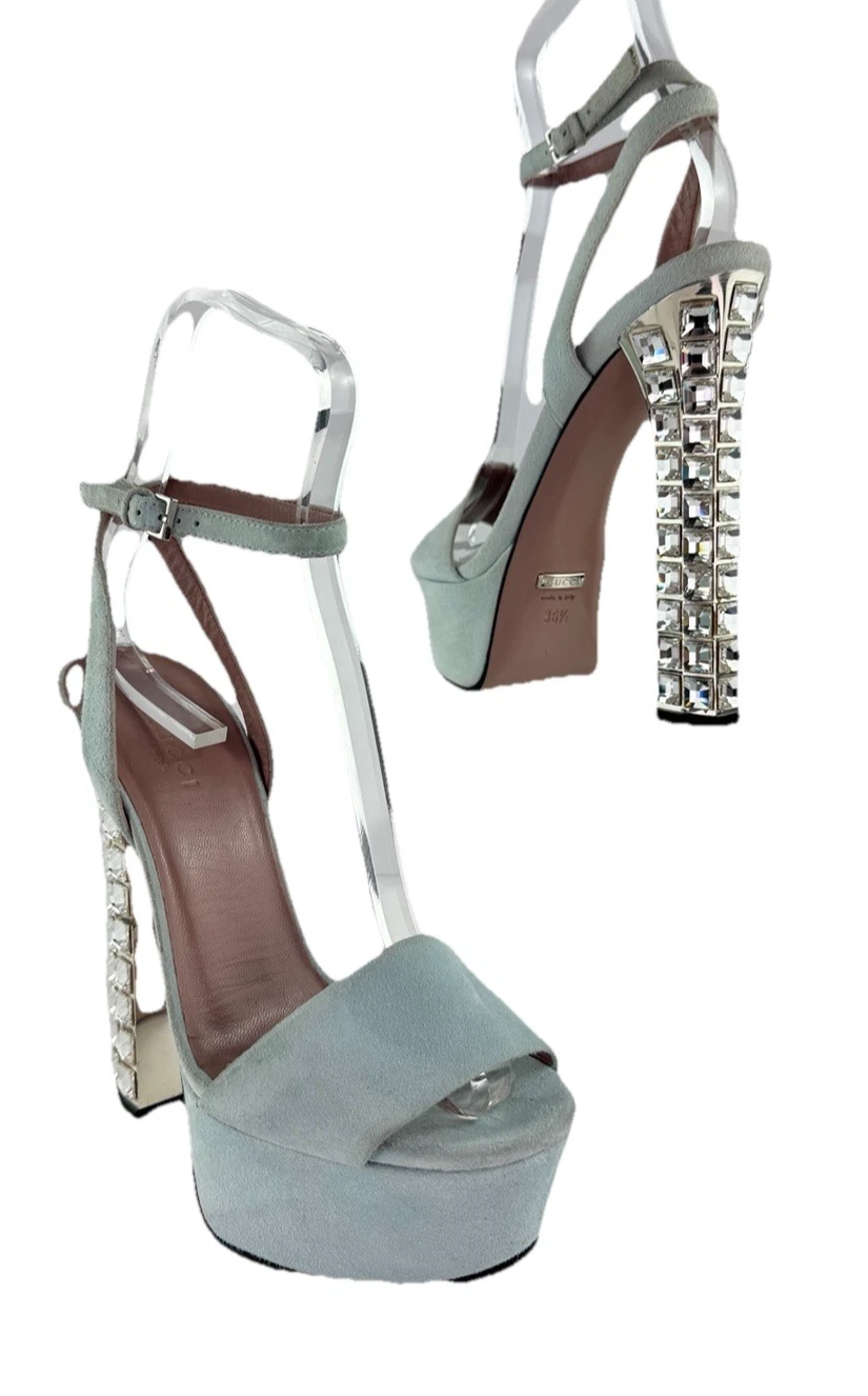 Gucci Auth 6,5 US 36,5 EU bleu daim cristal talons sandales chaussures plates formes