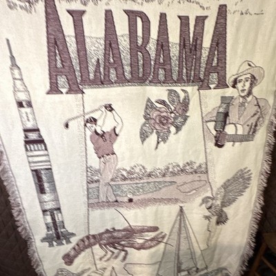 Alabama State Vintage Woven Throw w/ Fringe Golf Rocket Rose Eagle 50 x74 