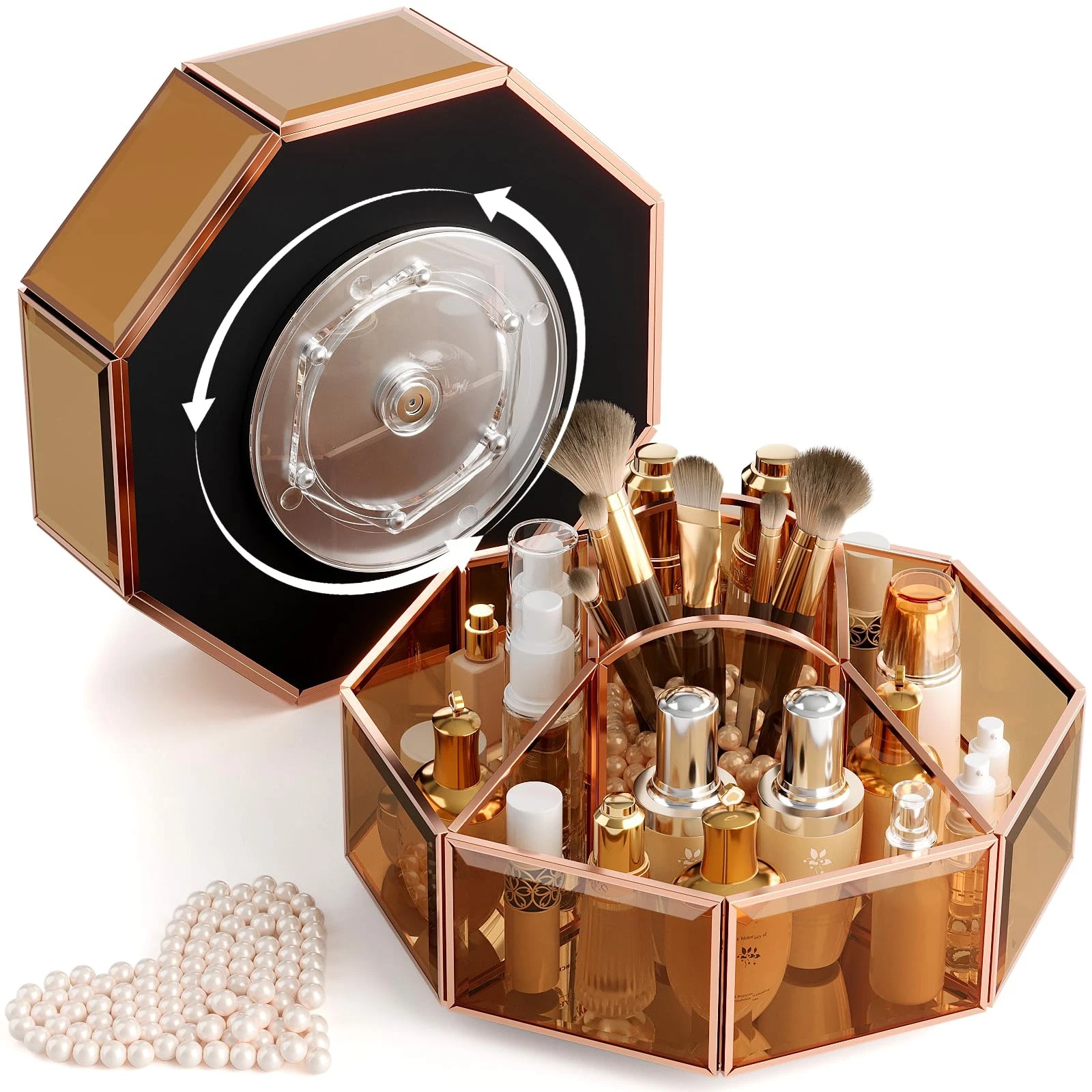 360° Rotating Makeup Organizer Spinning Vanity Organizer with Makeup Brush Ho...