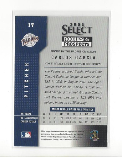 2002 Select Rookies and Prospects #17 Carlos Garcia AUTOGRAPH Padres - 第 2/2 張圖片