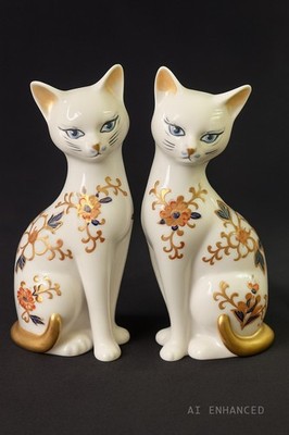Pair Porcelain Imari Cat Figurines   Delicate Hand-Painted Florals Lotus Gold