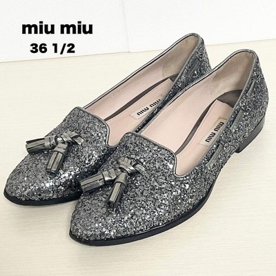 Miu Miu Tassel Loafer Glitzer Silber Flach Größe 36 1/2 23,5 cm